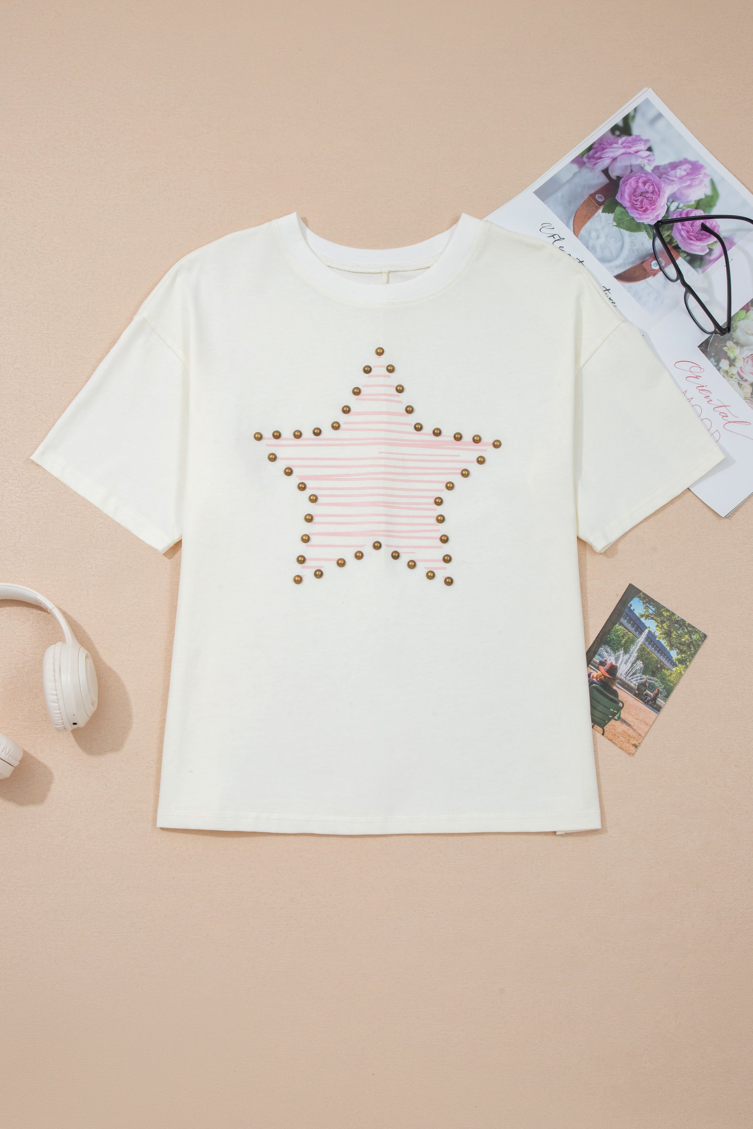 LivelyLooks Beige Star Print Stud Detail Cotton Jersey Top S-XL women's fashion