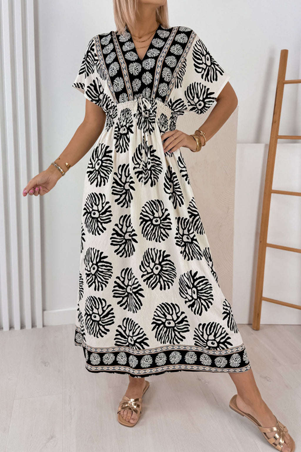 Blue Boho Floral Contrast Patchwork V-Neck Tie Waist Dolman Maxi Dress