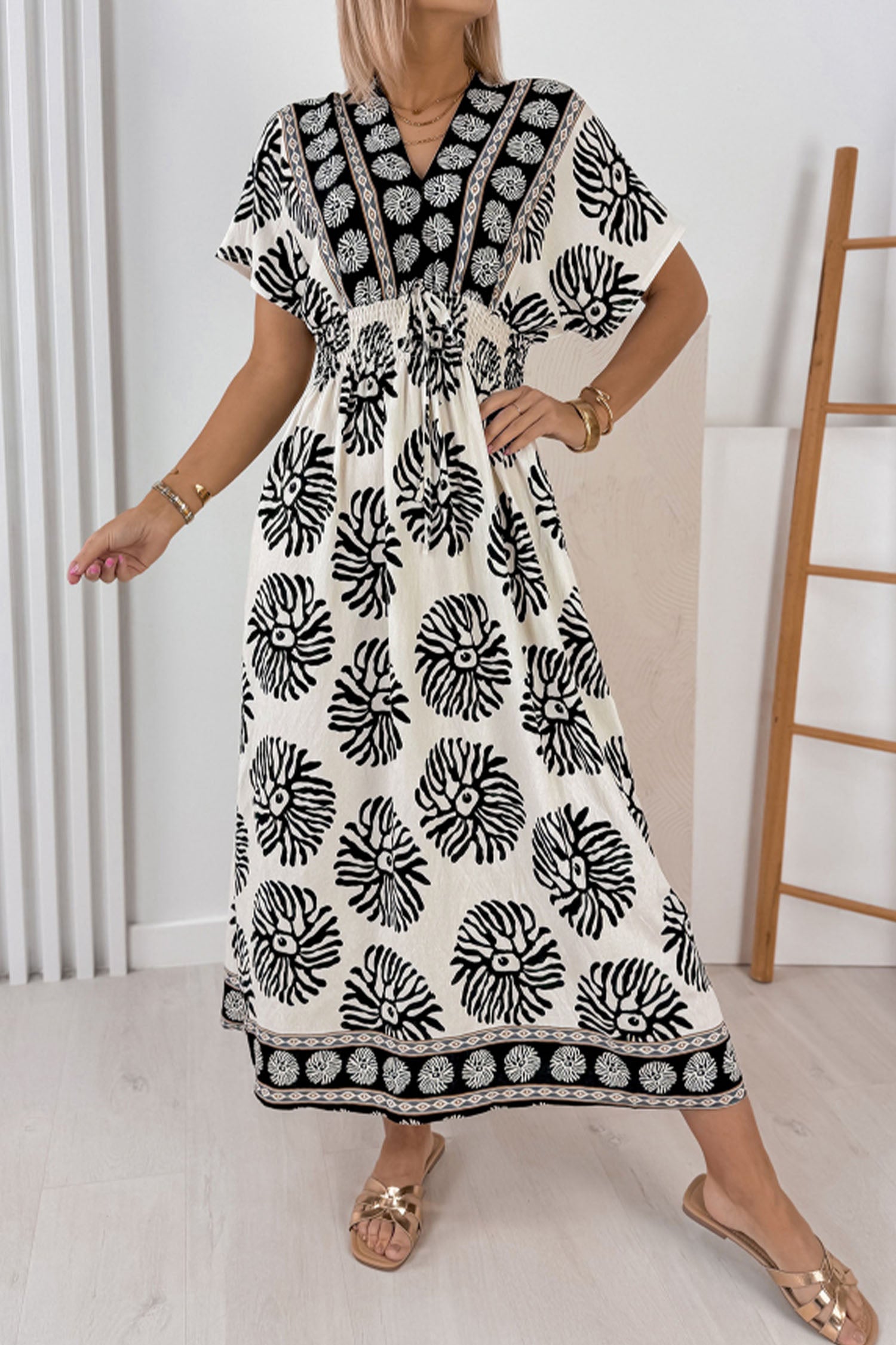 Blue Boho Floral Contrast Patchwork V-Neck Tie Waist Dolman Maxi Dress