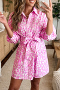 Pink Abstract Leopard Print Tie Waist Puff Sleeve Mini Shirt Dress | UK 8–22