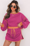 LivelyLooks Colour Contrast Loose Pullover & Lace-Up Waist Skort Set S-XL women's fashion