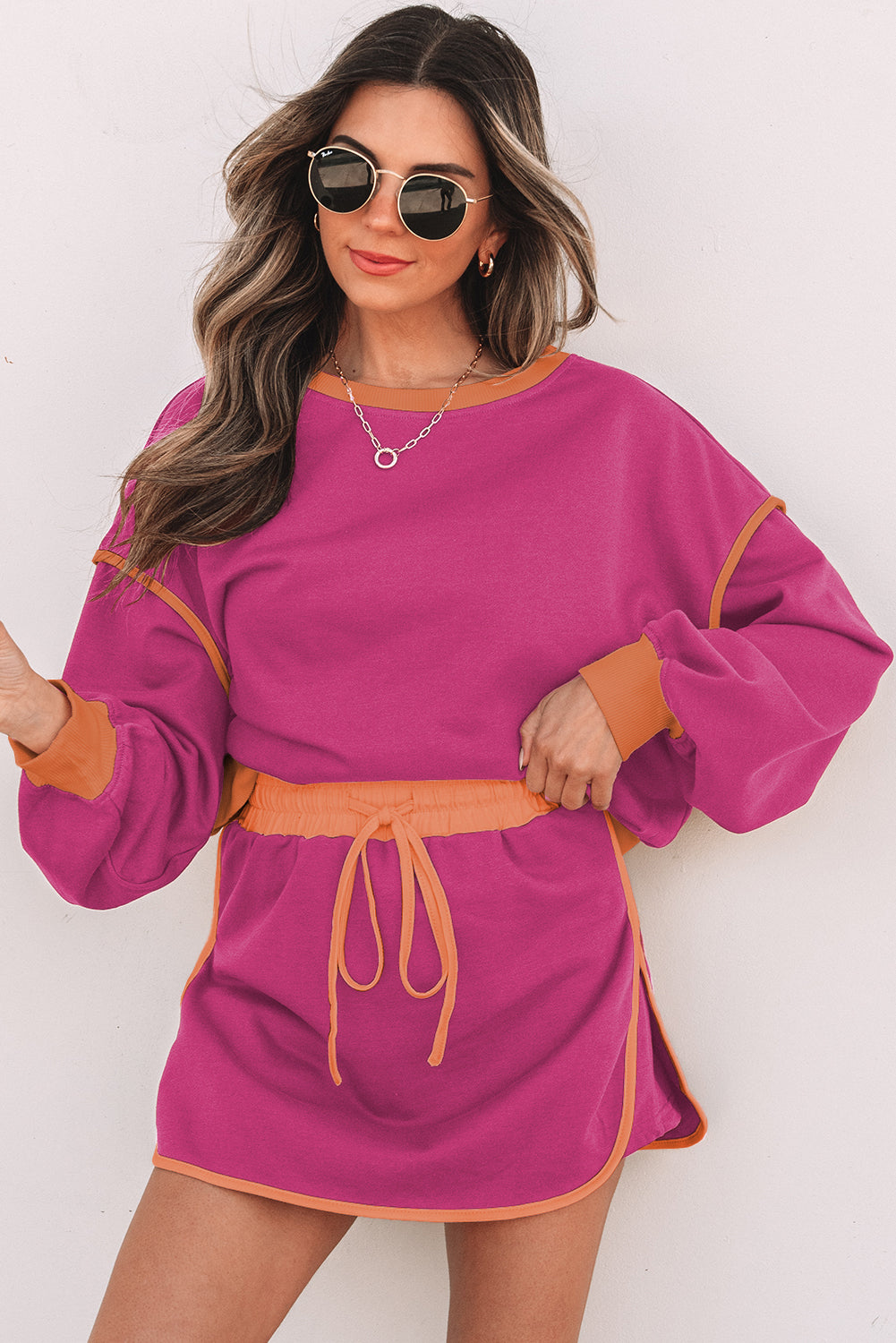 LivelyLooks Colour Contrast Loose Pullover & Lace-Up Waist Skort Set S-XL women's fashion