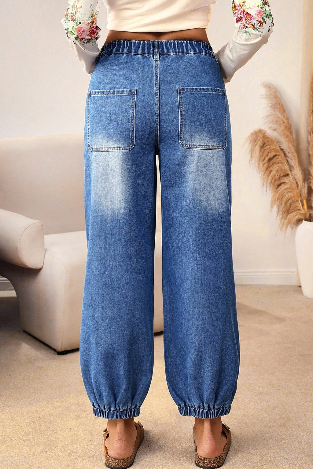 Shop Blue 4-Button Front Tapered Casual Loose Fit Jeans UK 8-20 at LivelyLooks