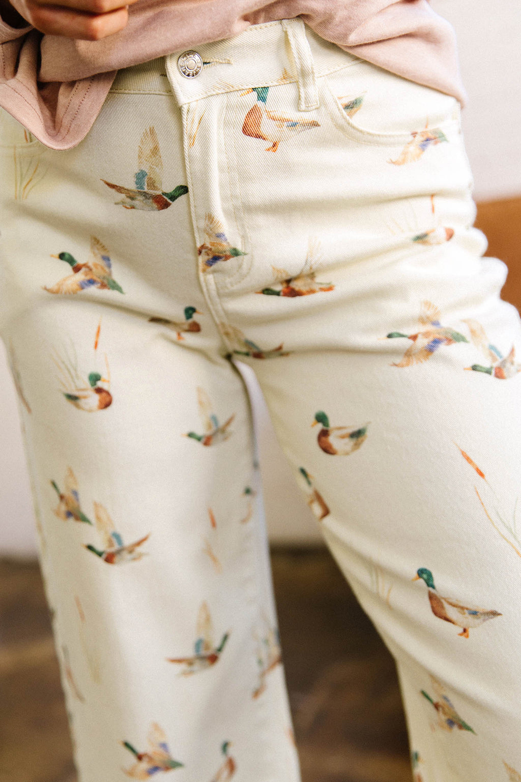Beige Mallard Print Cuffed Hem Shift Jeans Pockets Elastic UK 4-16