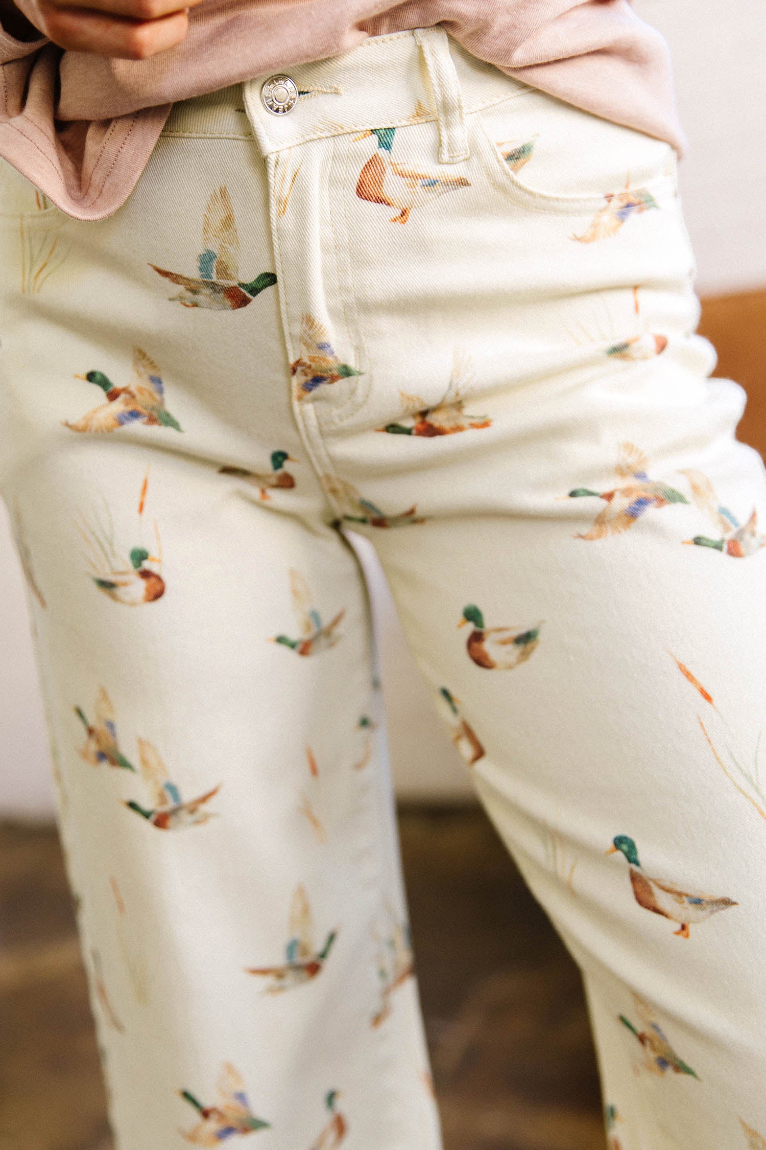 Beige Mallard Print Cuffed Hem Shift Jeans Pockets Elastic UK 4-16