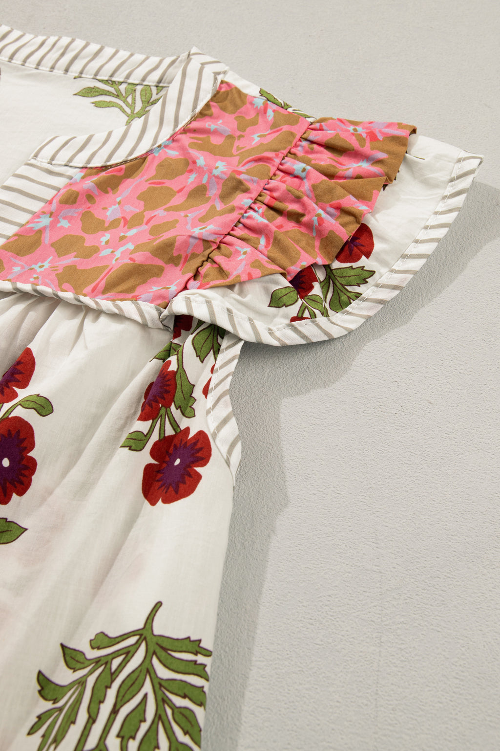 White Floral Print Flutter Blouse Contrast Striped Trim Cotton Women S-XL