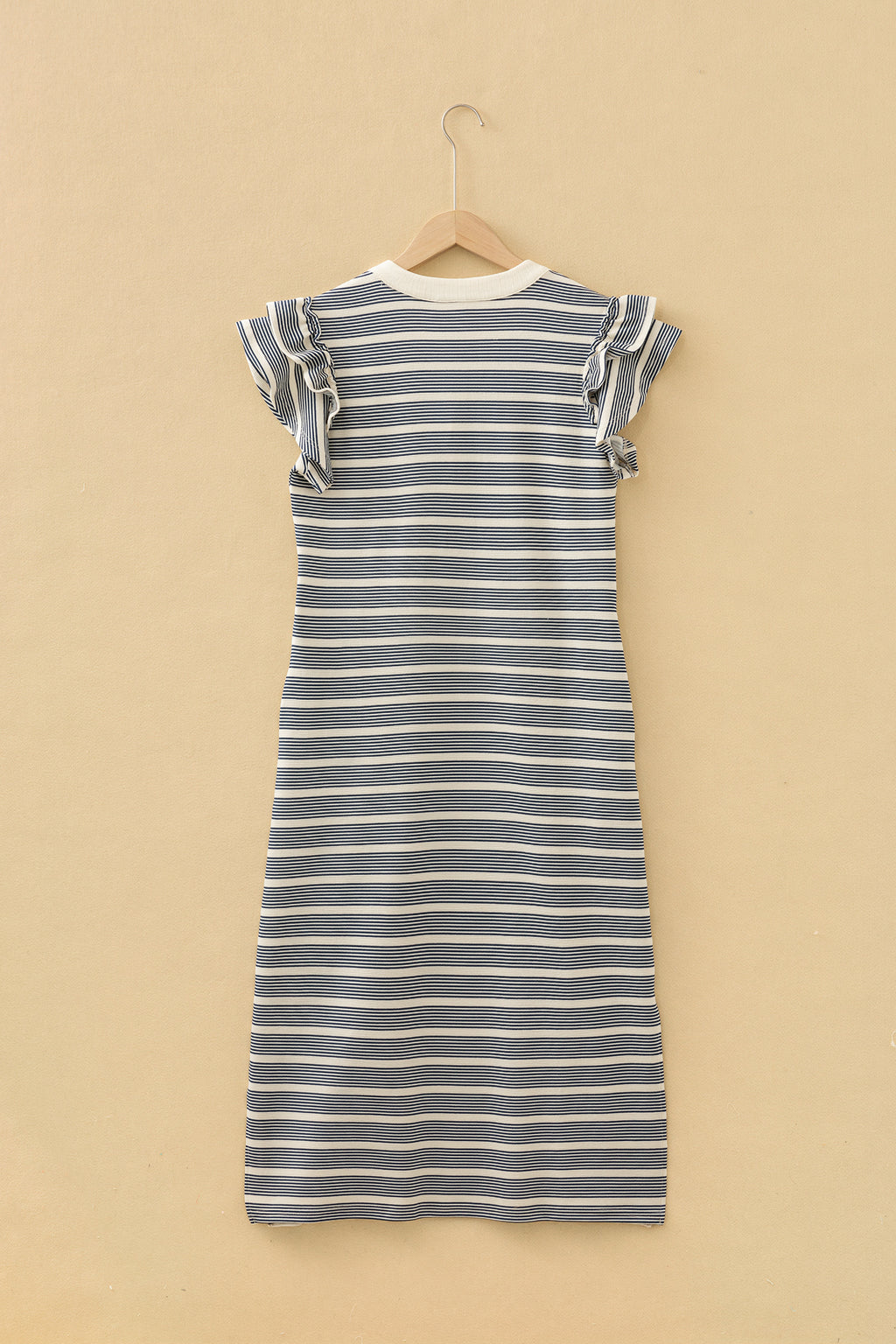 Blue Stripe Ruffled Sleeve Notch Neck Midi Dress | Contrast Trim