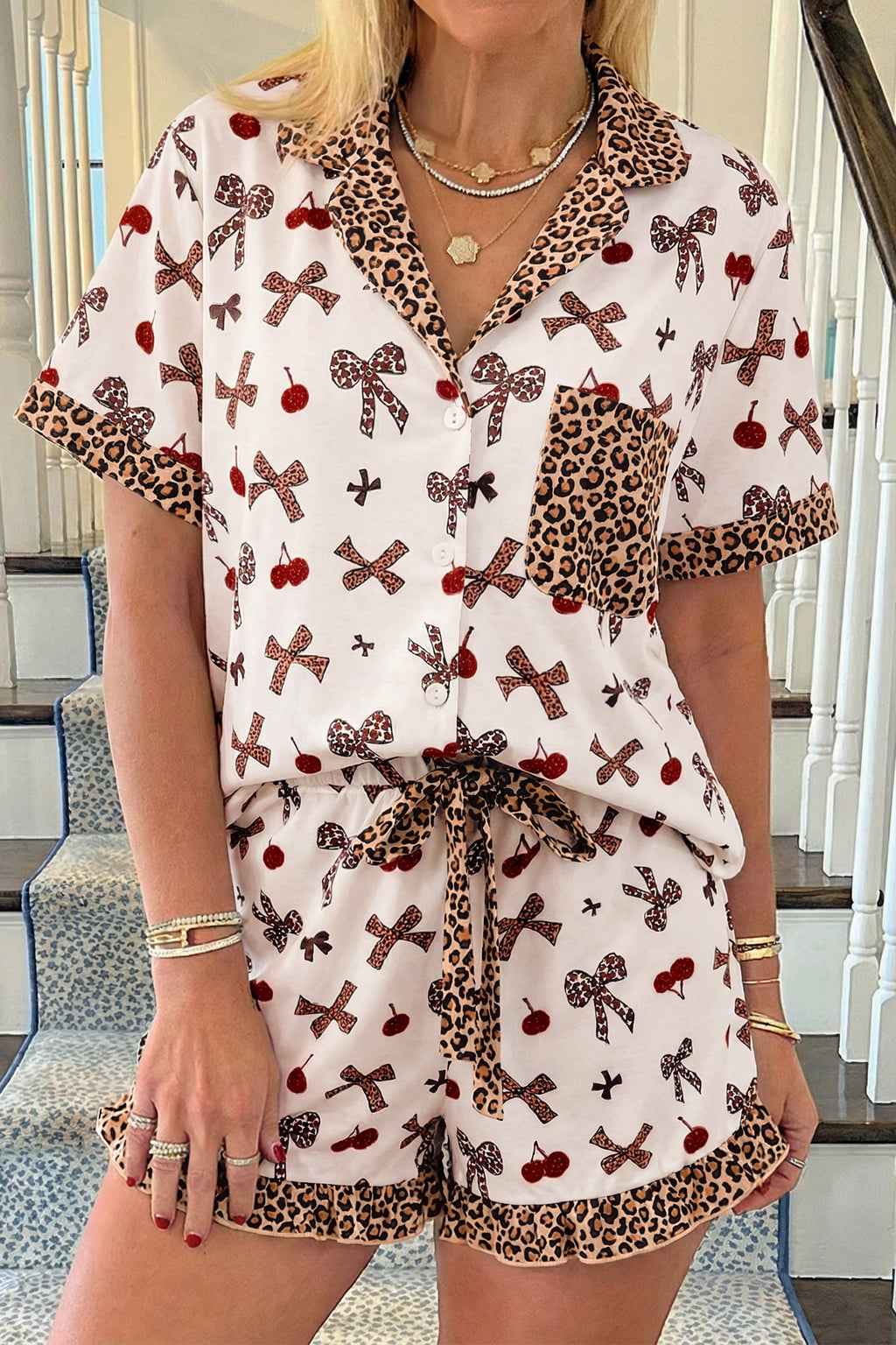 LivelyLooks White Cherry Print Leopard Patchwork PJ Set Bow Shirt and Drawstring Shorts Pyjamas women's fashion