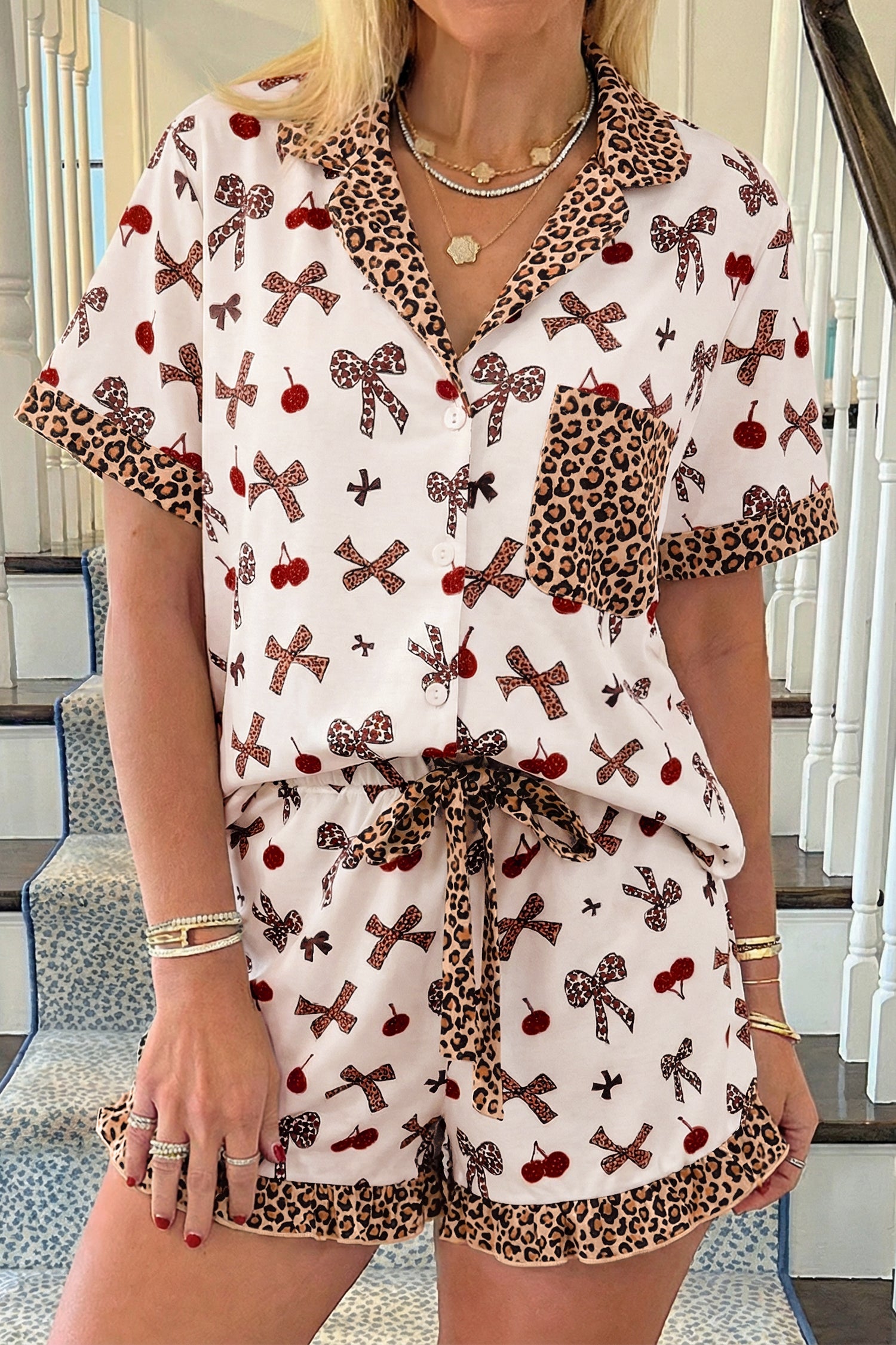 LivelyLooks White Cherry Print Leopard Patchwork PJ Set Bow Shirt and Drawstring Shorts Pyjamas women's fashion