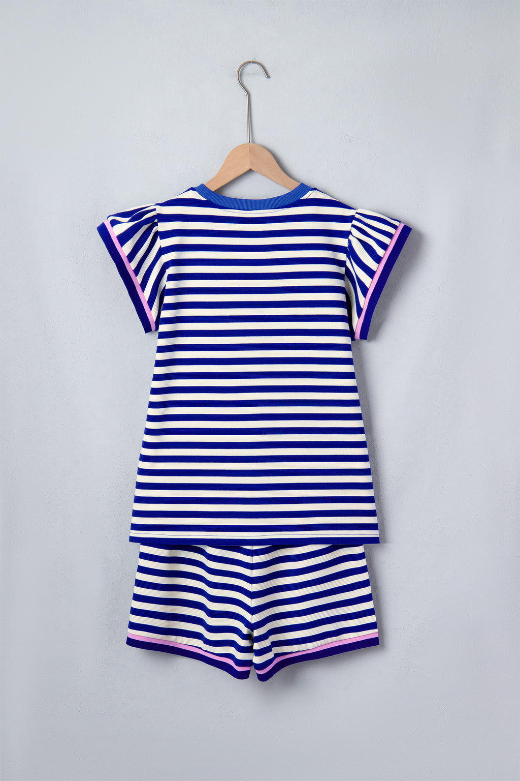 Striped Contrast Trim Cap Sleeve Top & Shorts Set – Blue