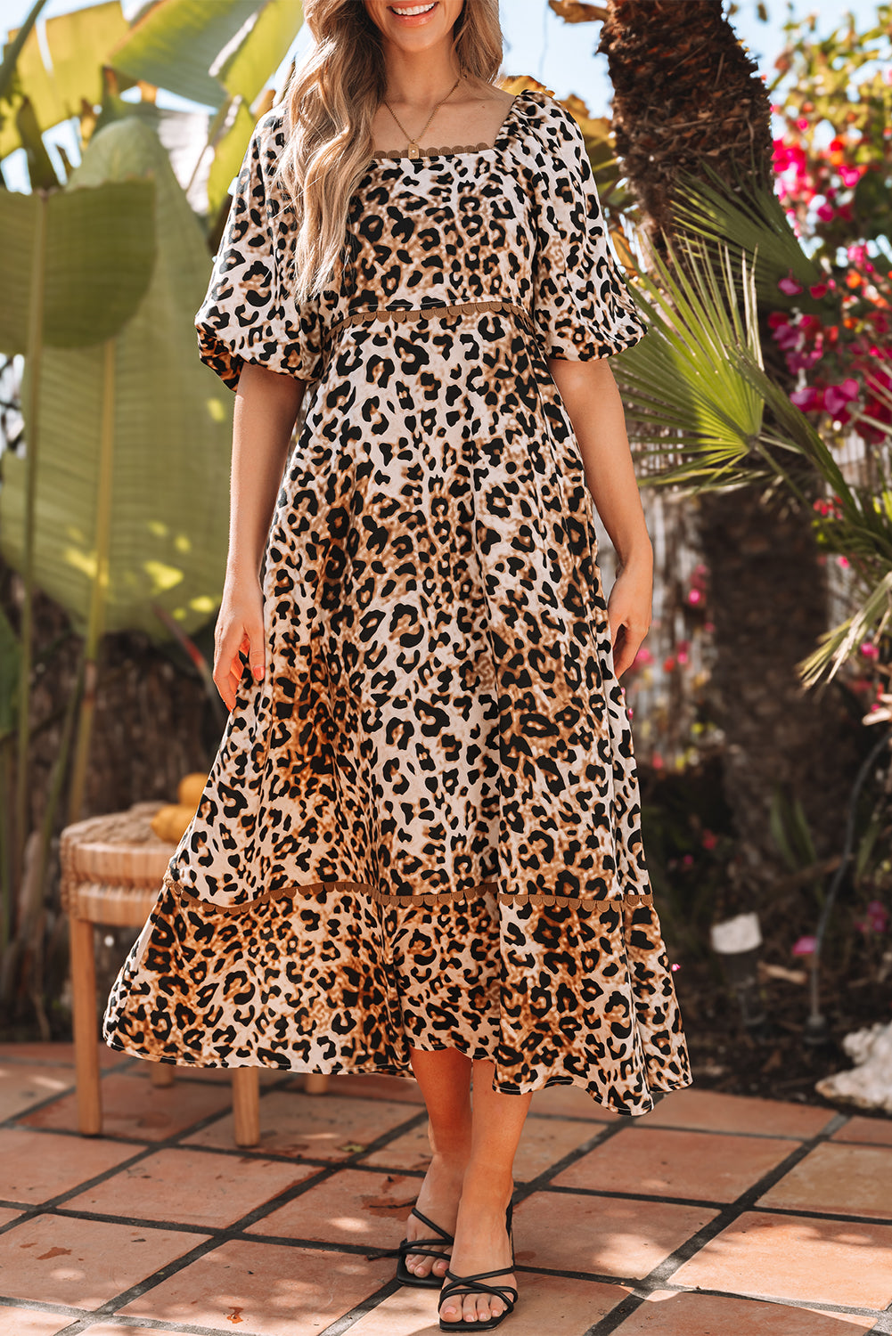 Women's Brown Leopard Print Bubble Sleeve Square Neck Maxi Dress at LivelyLooks