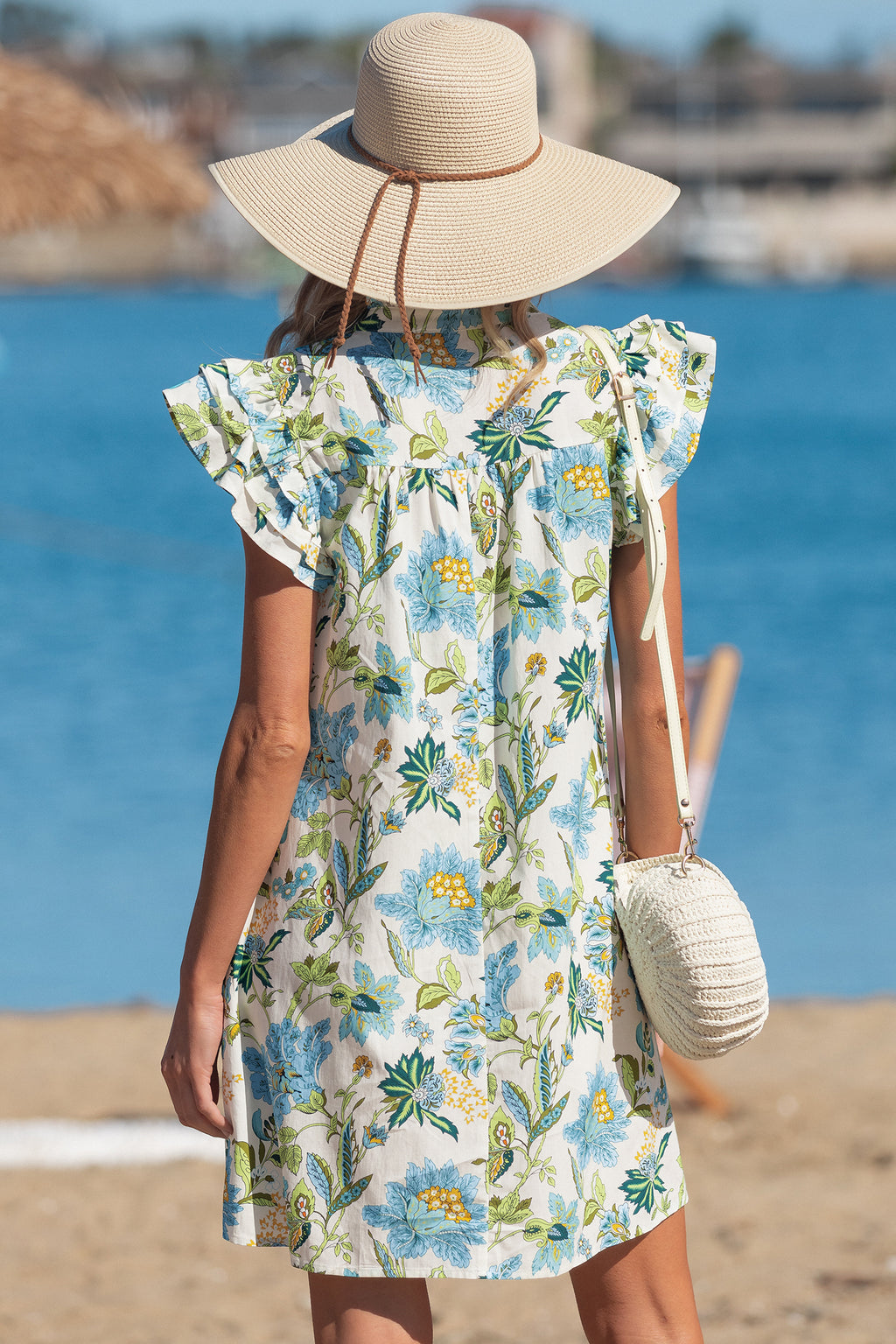 Beige Floral V Neck Triple Ruffle Short Sleeve Shift Mini Dress S-XL