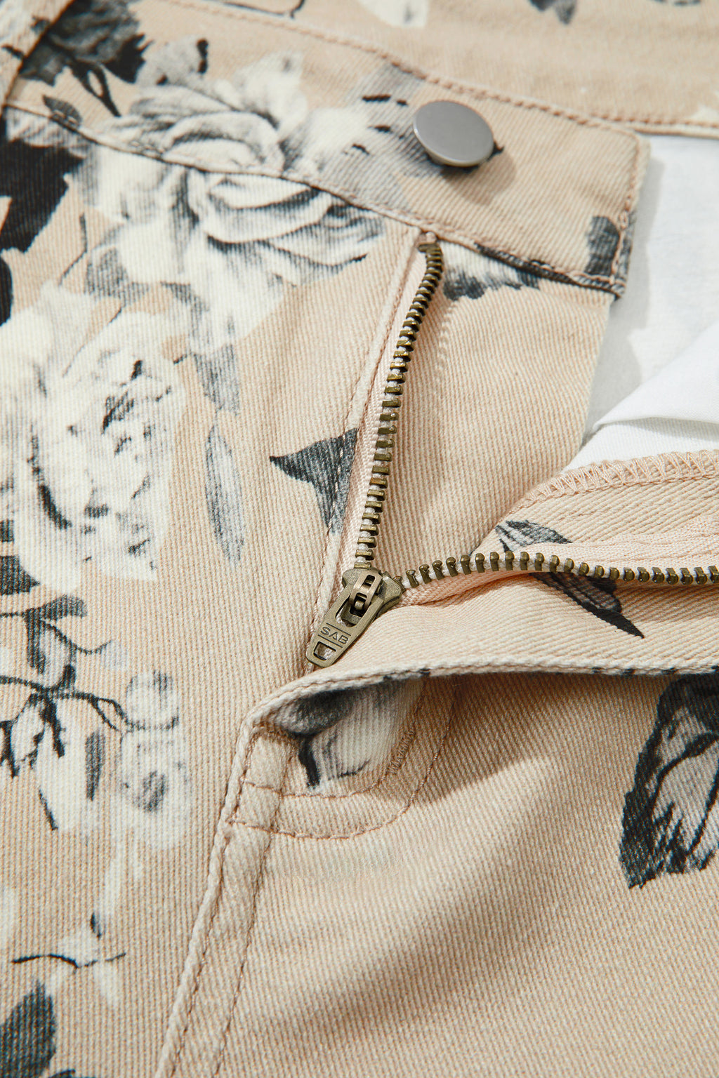 Beige Retro Floral Print Loose Jeans Turn-Up Cuffed Hem Women UK 4-16