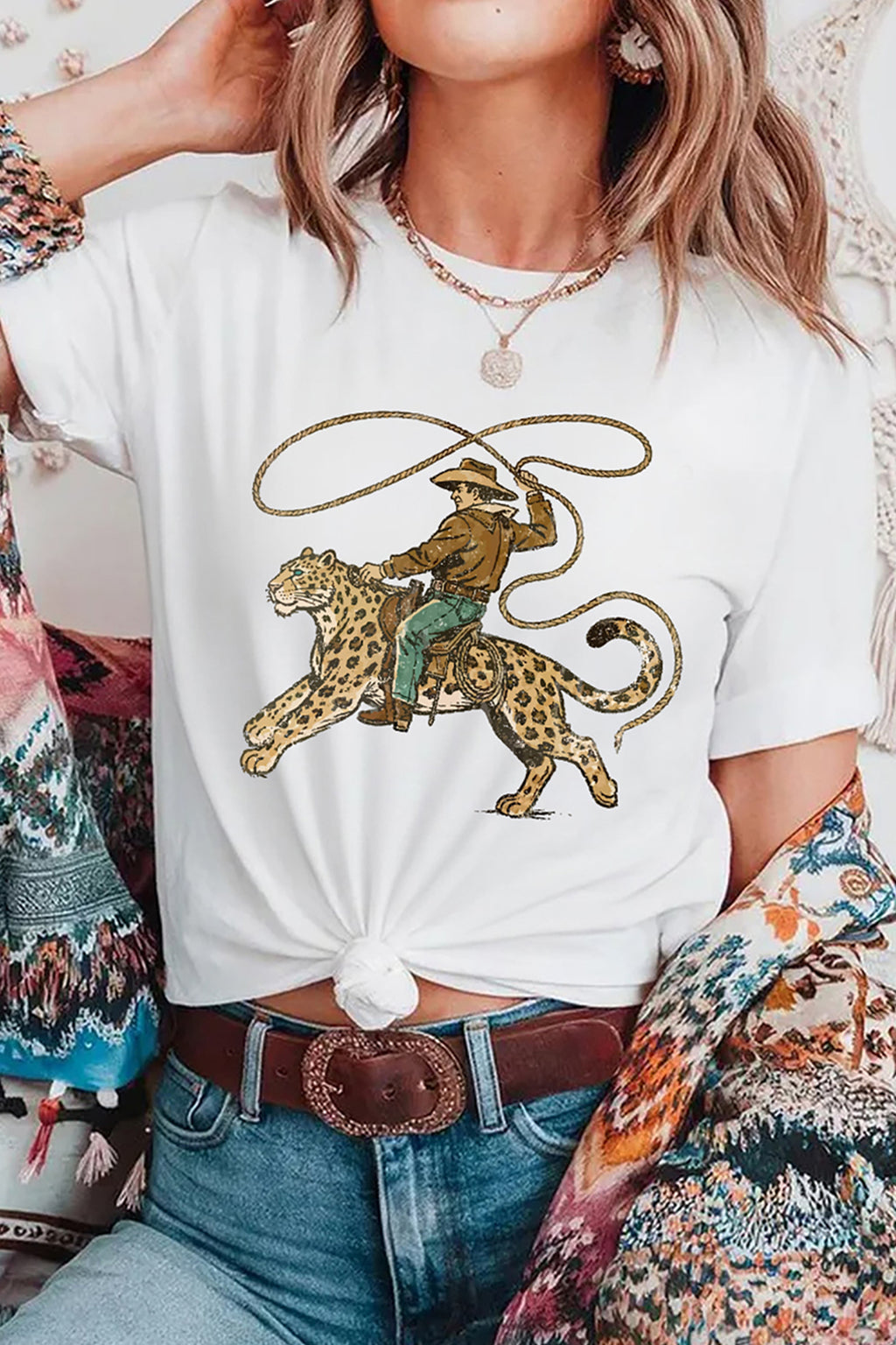 Women's White Cowboy Leopard Graphic Tee | Casual Western Top S-3XL at LivelyLooks