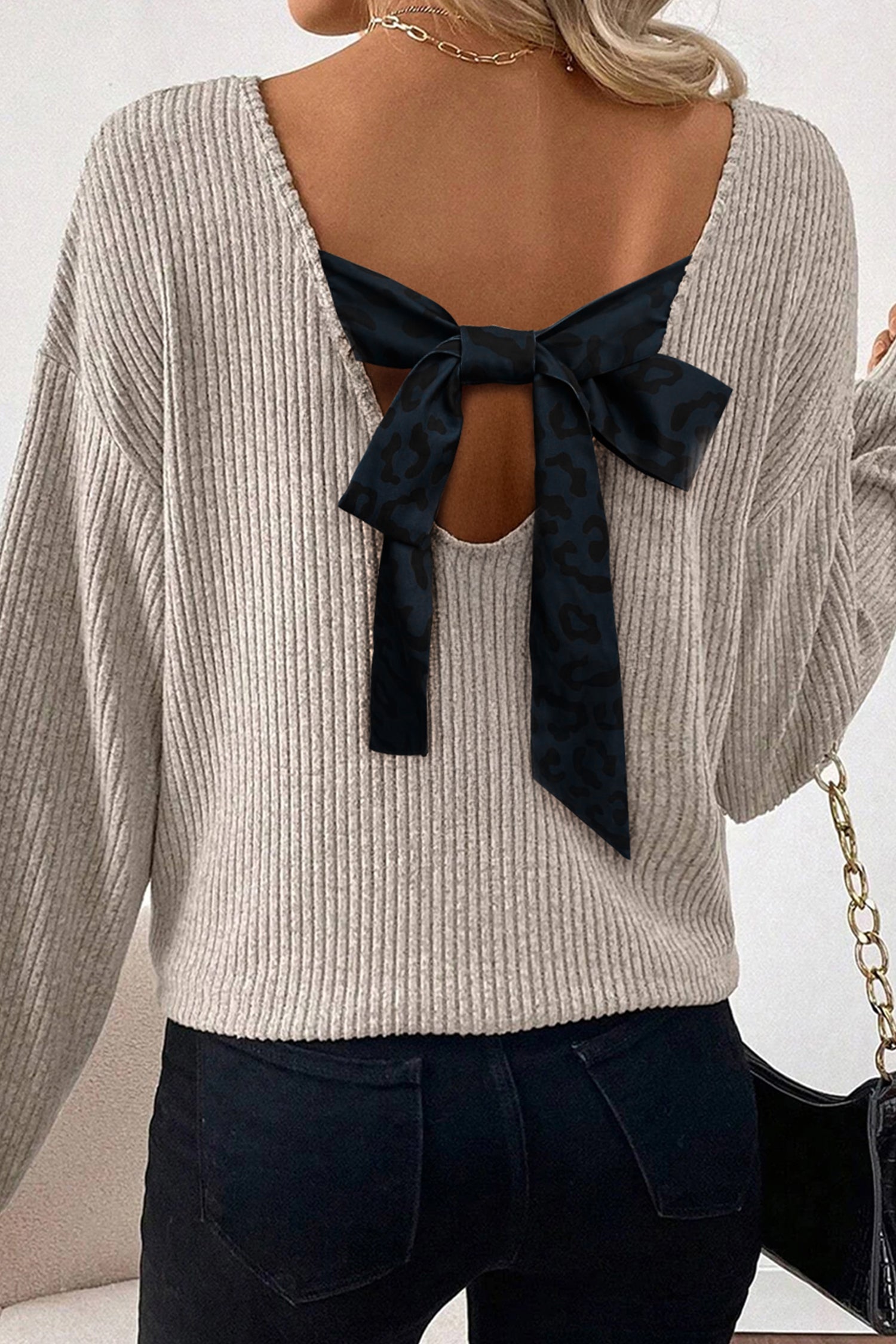 Ribbed V Neck Bow Back Drop Shoulder Long Sleeve Top | Red & Taupe