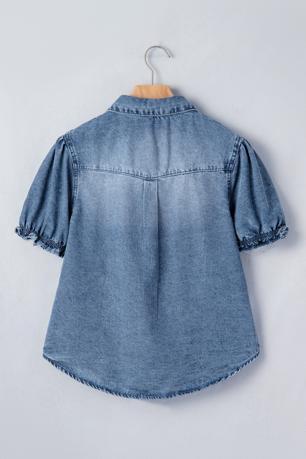 LivelyLooks Beau Blue Frilled Short Sleeve Snap Button Denim Shirt women's fashion