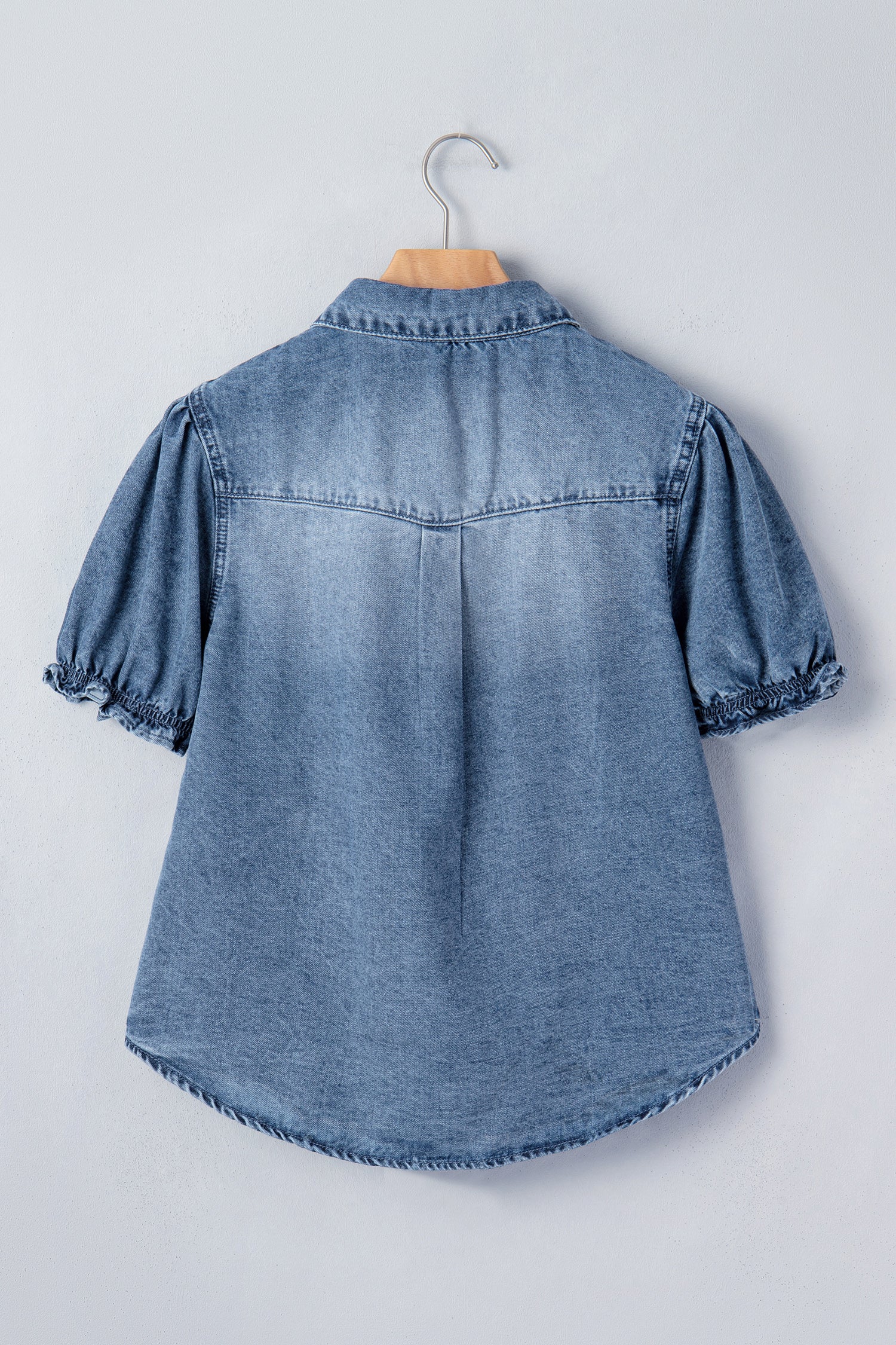 LivelyLooks Beau Blue Frilled Short Sleeve Snap Button Denim Shirt women's fashion