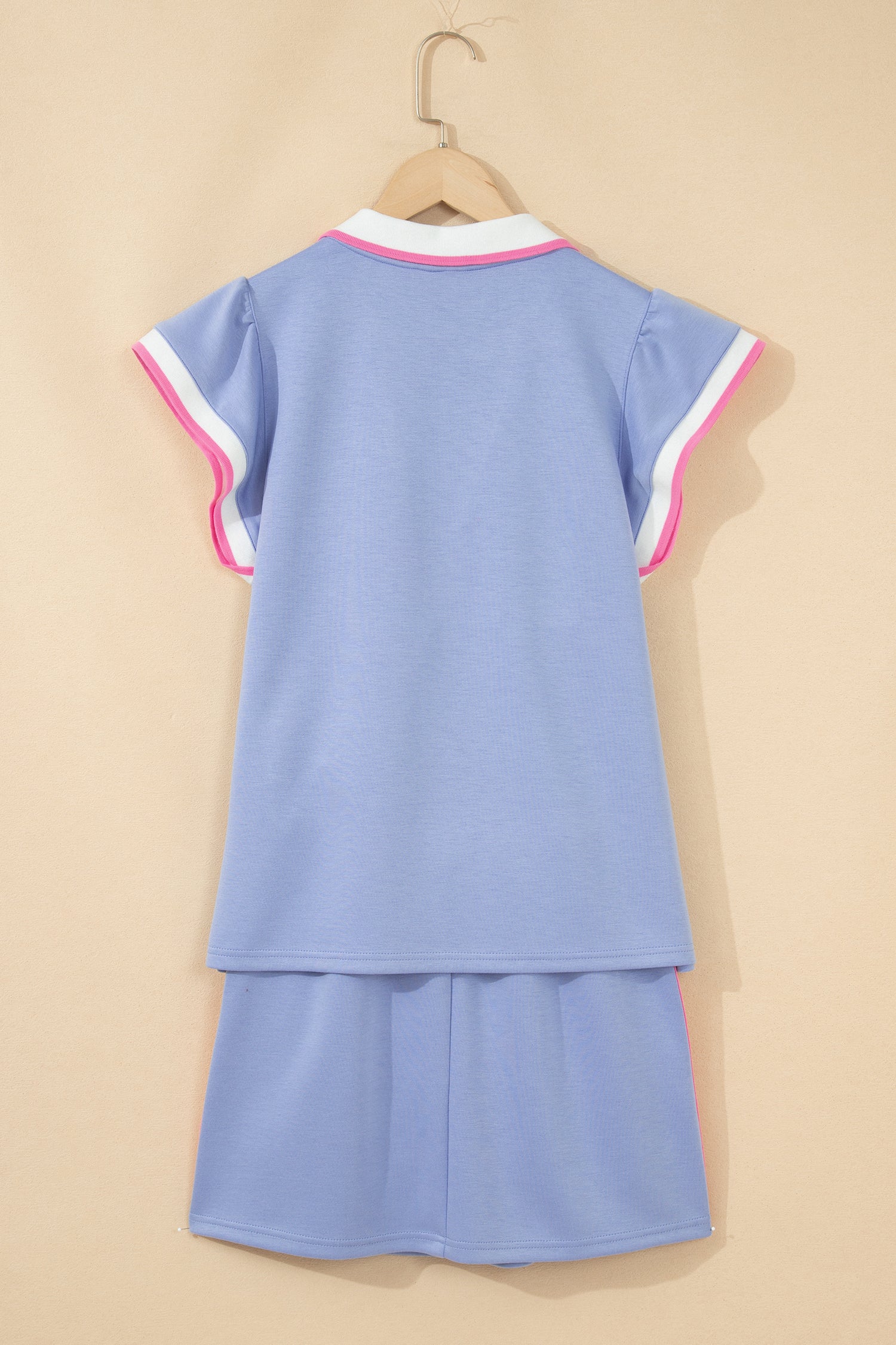 Preppy Striped Trim V-Neck Polo Tee & Drawstring Skirt Set – Sky Blue & Black