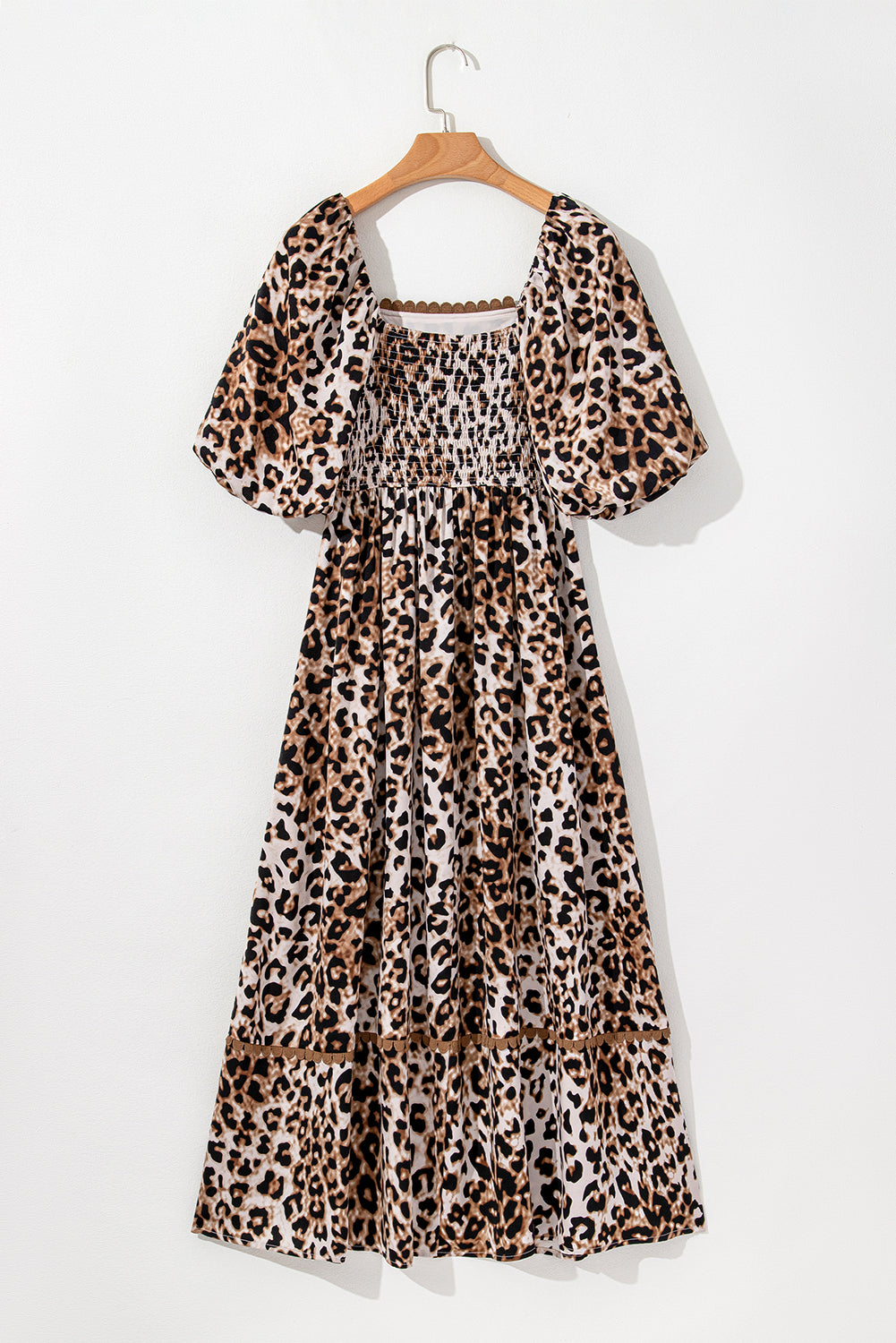 Women's Brown Leopard Print Bubble Sleeve Square Neck Maxi Dress at LivelyLooks