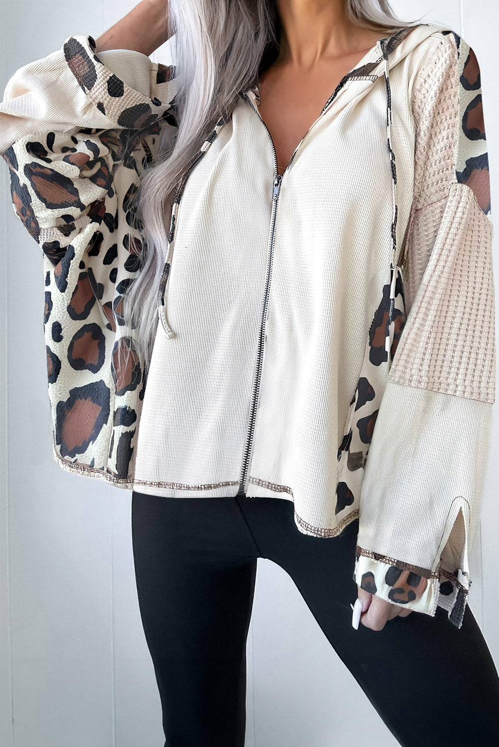 Apricot Leopard Contrast Patchwork Zip Up Drop Shoulder Hoodie