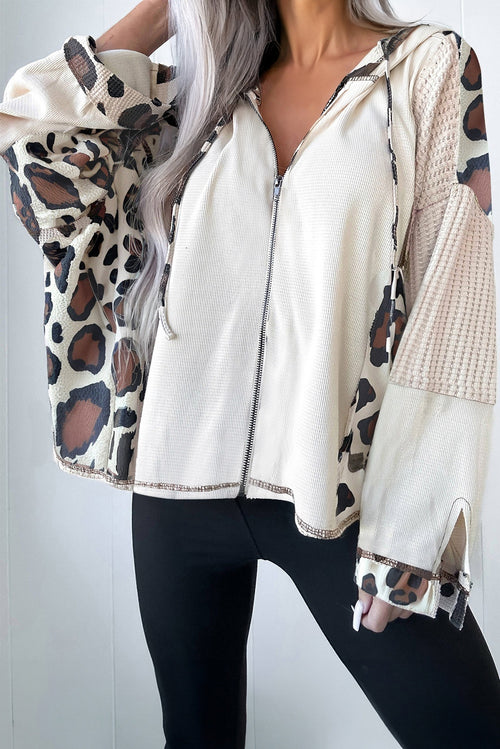 Apricot Leopard Contrast Patchwork Zip Up Drop Shoulder Hoodie | UK 8–18