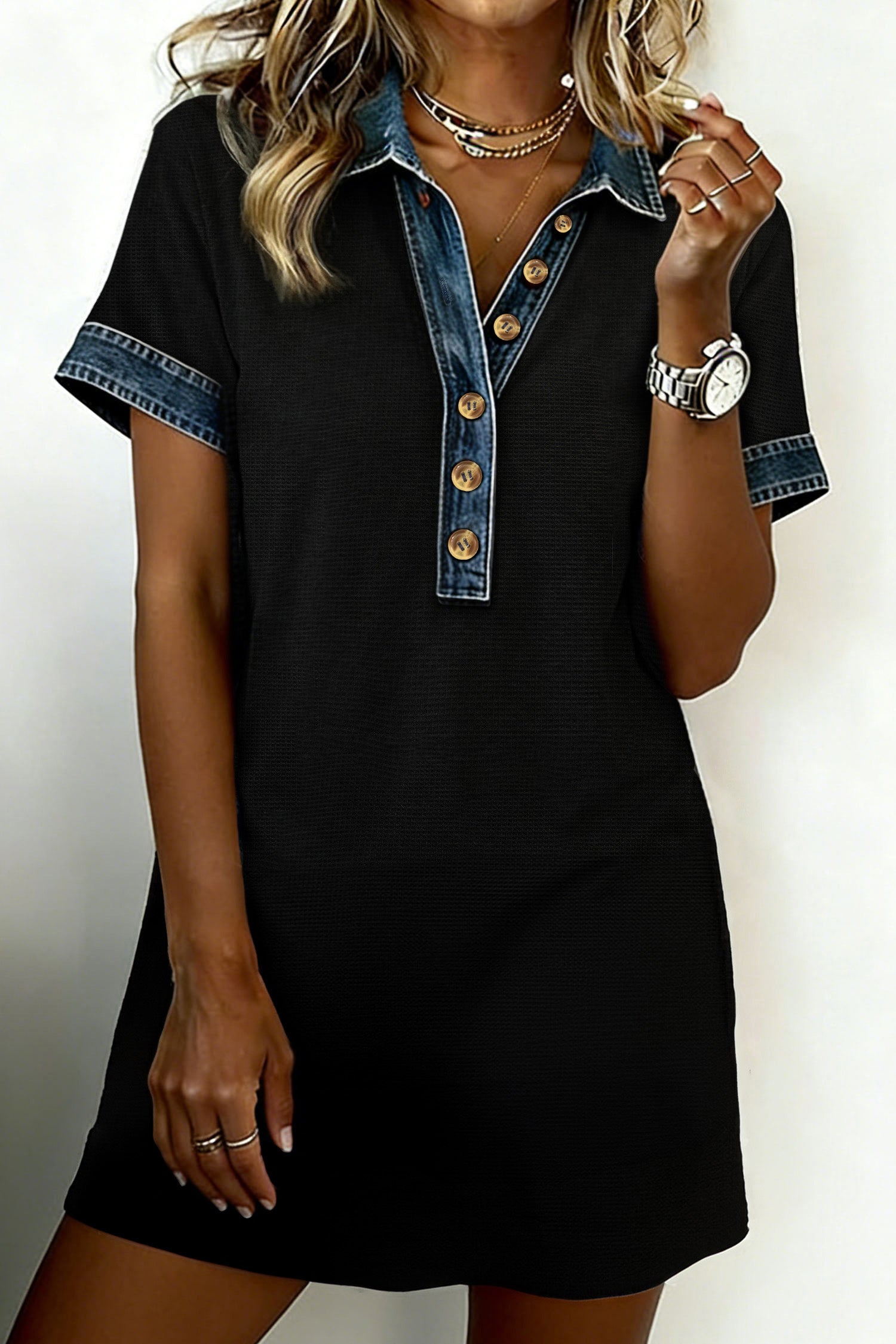 Black Waffle Knit Denim Contrast Trim Polo Button Tee Dress