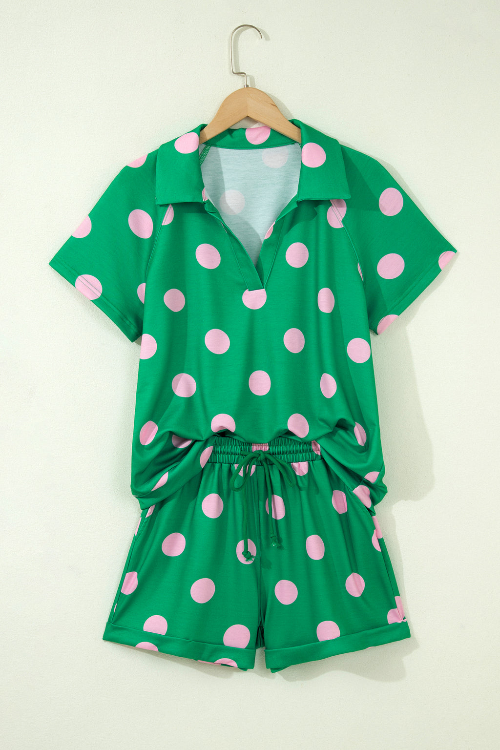 Polka Dot V-Neck Tee & Shorts Co-ord Set | Green, Pink & Beige S-XL