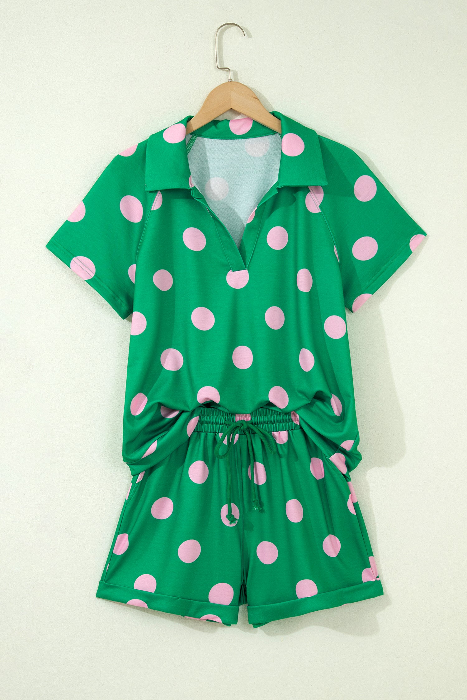 Polka Dot V-Neck Tee & Shorts Co-ord Set | Green, Pink & Beige S-XL