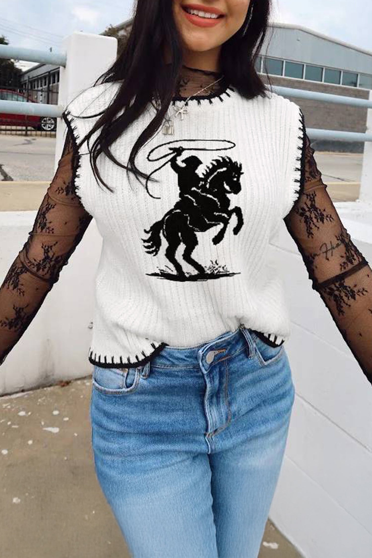 Women's White Rodeo Cowboy Contrast Trim Round Neck Sweater Vest at LivelyLooks
