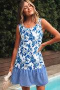Sky Blue Floral U Neck Sleeveless Striped Ruffle Hem Patchwork Dress S-XL