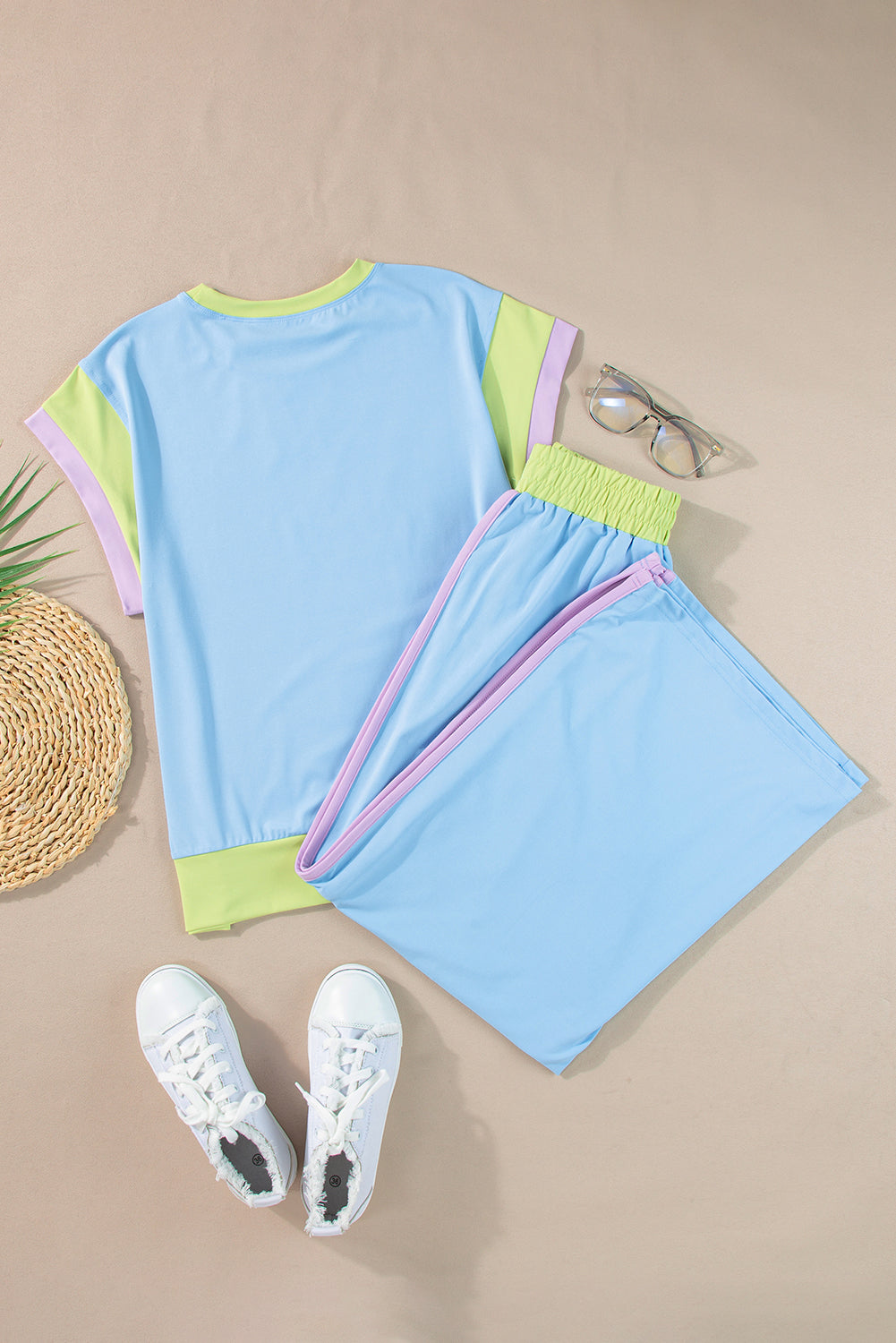 Colour Block Cap Sleeve Tee & Crop Wide Leg Trousers Set | 8 Colours