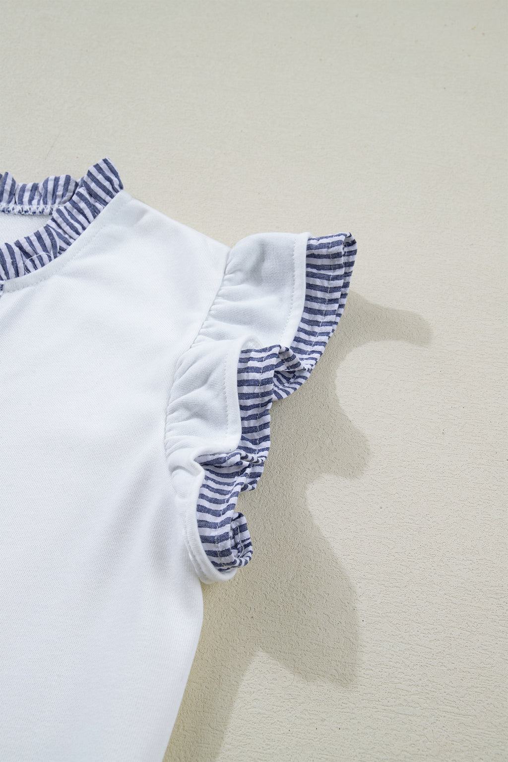 Women's White Stripe Patchwork Split Neck Ruffle Trim Sleeveless Mini Dress at LivelyLooks