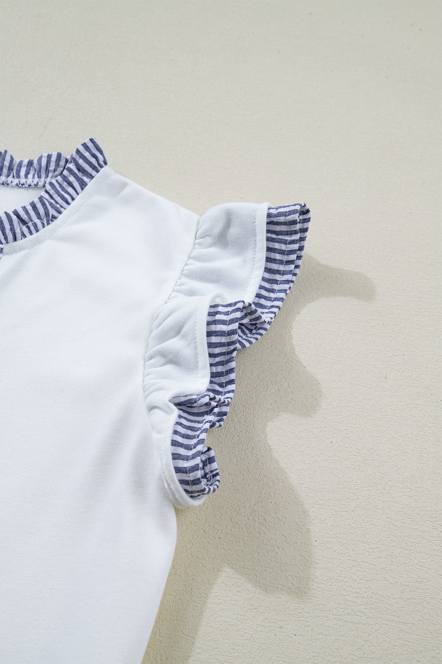Women's White Stripe Patchwork Split Neck Ruffle Trim Sleeveless Mini Dress at LivelyLooks