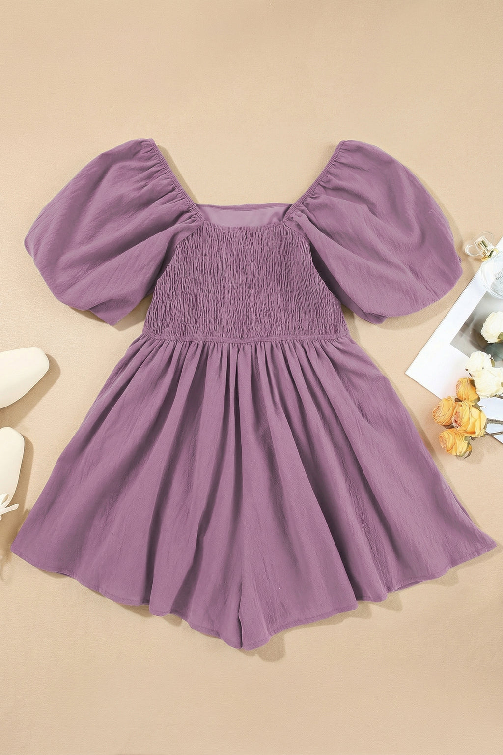 Sky Blue & Brown Square Neck Ruched Puff Sleeve Romper