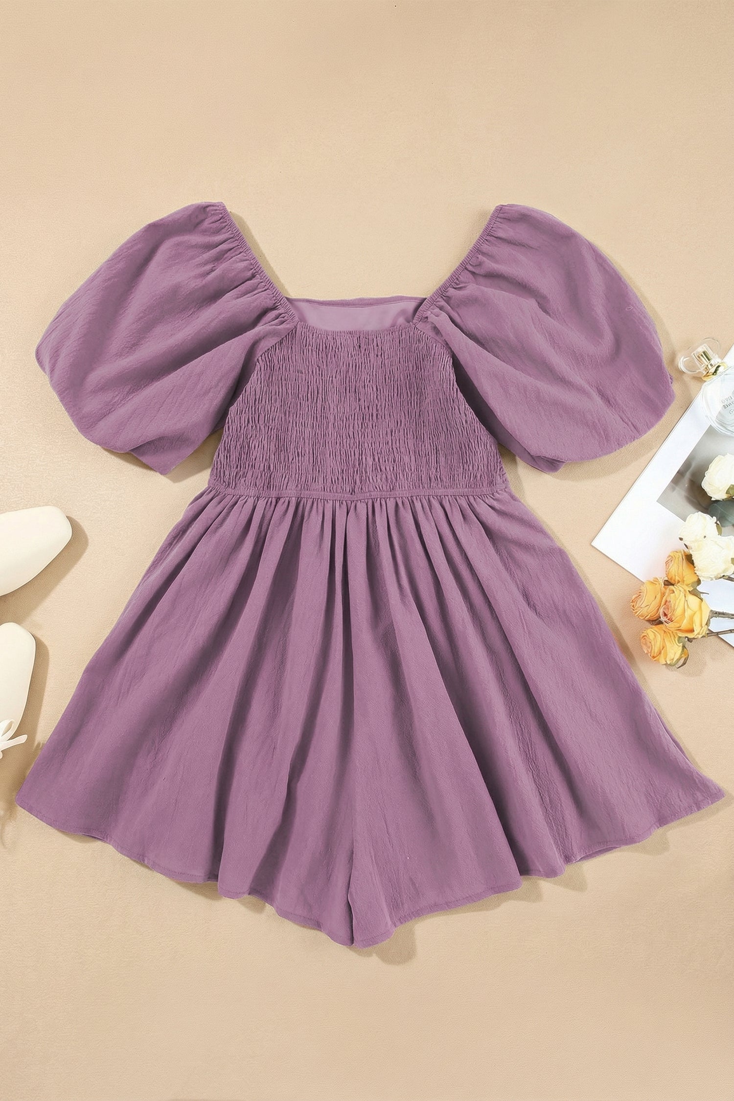 Sky Blue & Brown Square Neck Ruched Puff Sleeve Romper