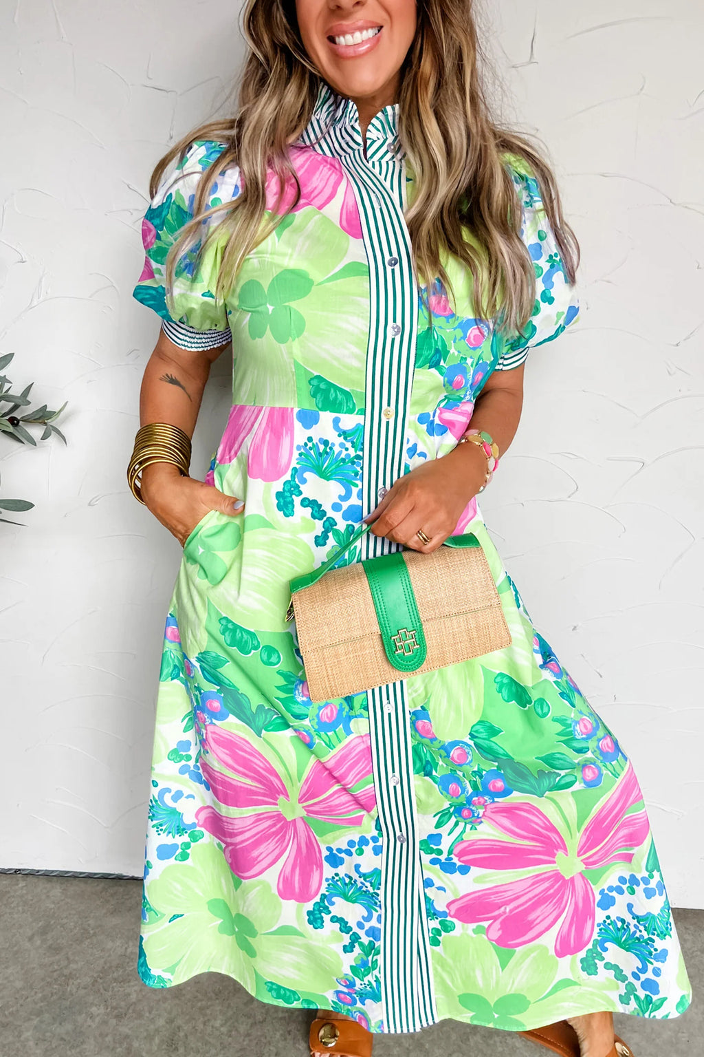 Floral Print Vacation Dress Striped Trim Button Down Short Sleeve Green Pink S-XL