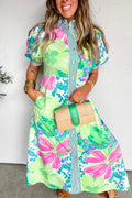 Floral Print Vacation Dress Striped Trim Button Down Short Sleeve Green Pink S-XL
