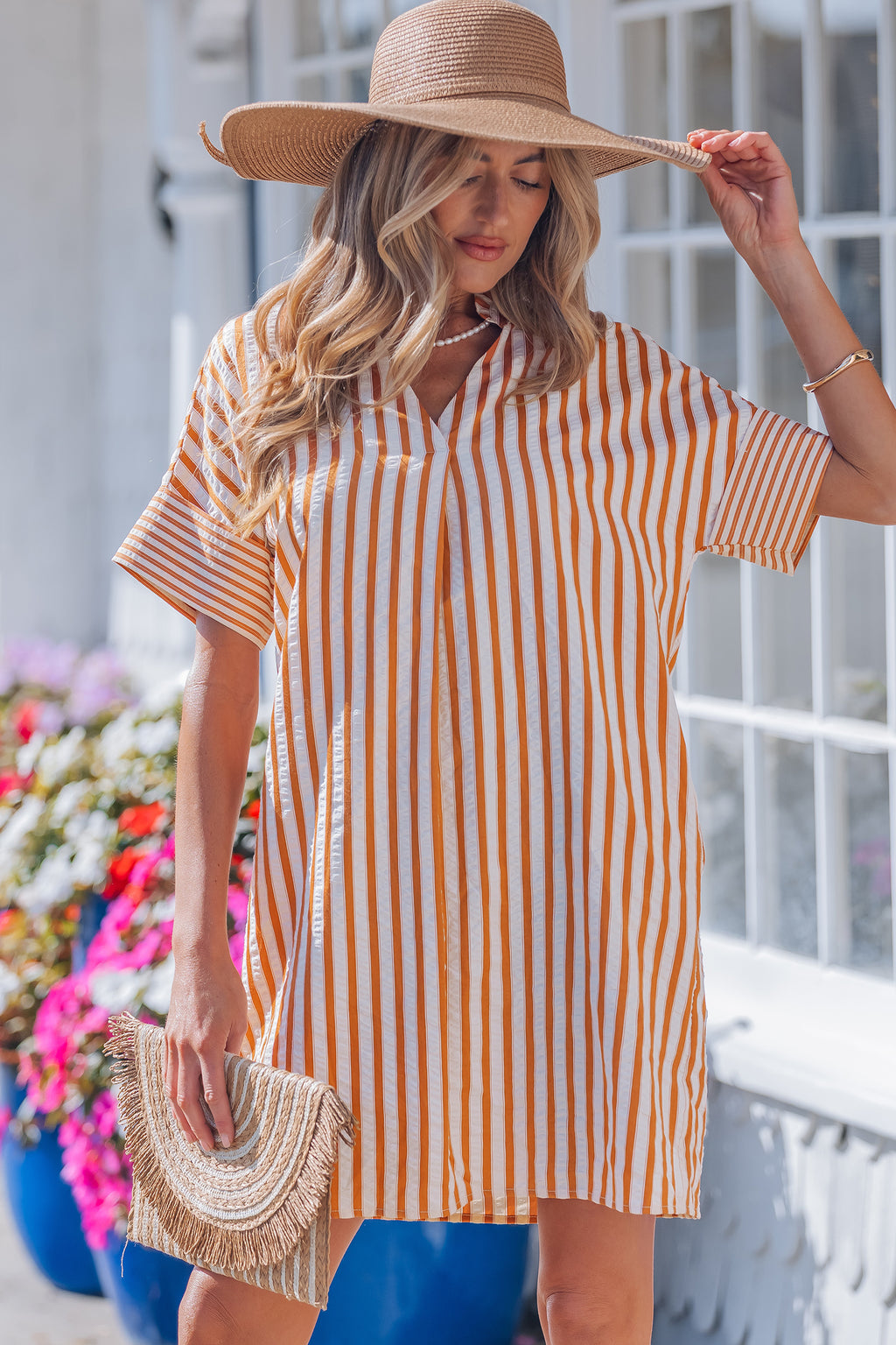 Stripe Pinched V-Neck Shift Mini Dress | Brown Stripe