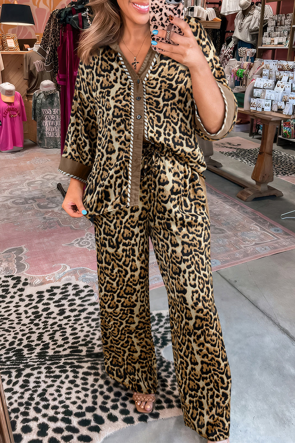 Brown Leopard Collared 3/4 Sleeve Shirt & Loose Pants Two Piece Set | UK 8–22