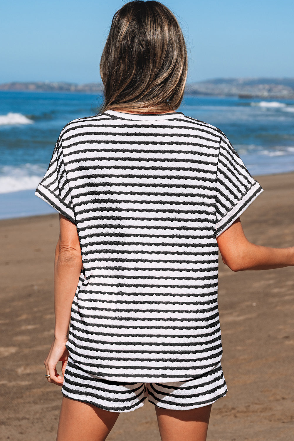 Shop Stripe Knitted Short Sleeve Top & Drawstring Shorts Co-ord S-3XL at LivelyLooks