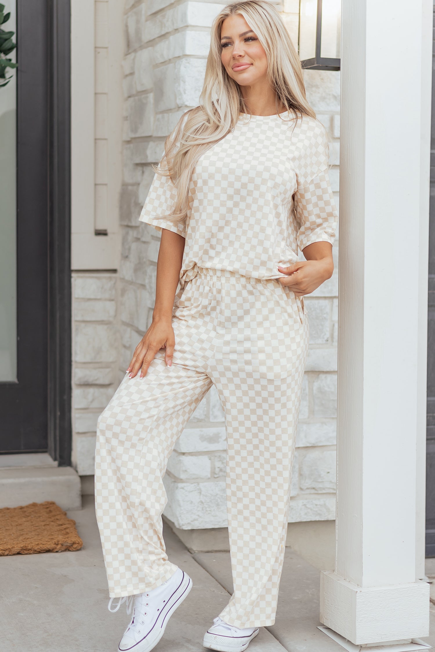 Women's Khaki Checkered Print Half Sleeve Tee & Wide Leg Lounge Pant Set | UK 8-22 at LivelyLooks
