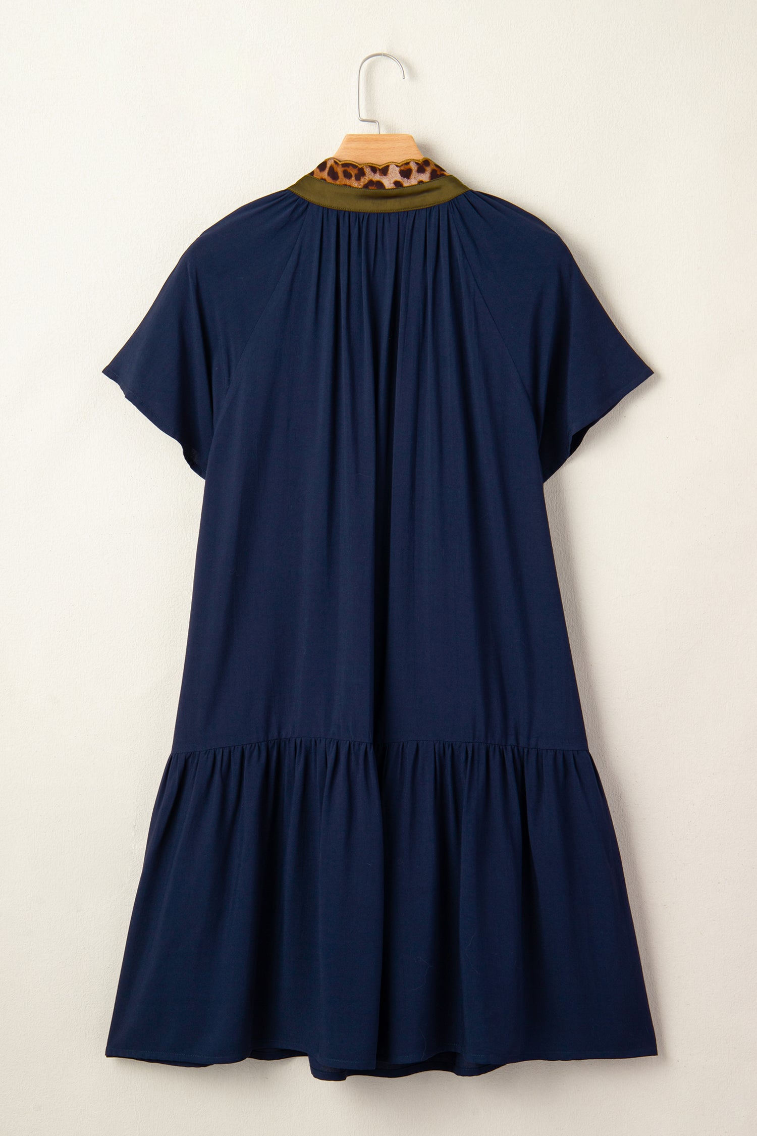 Women's Navy Blue Button Detail Leopard Metallic Trim Short Sleeve Tunic Dress at LivelyLooks