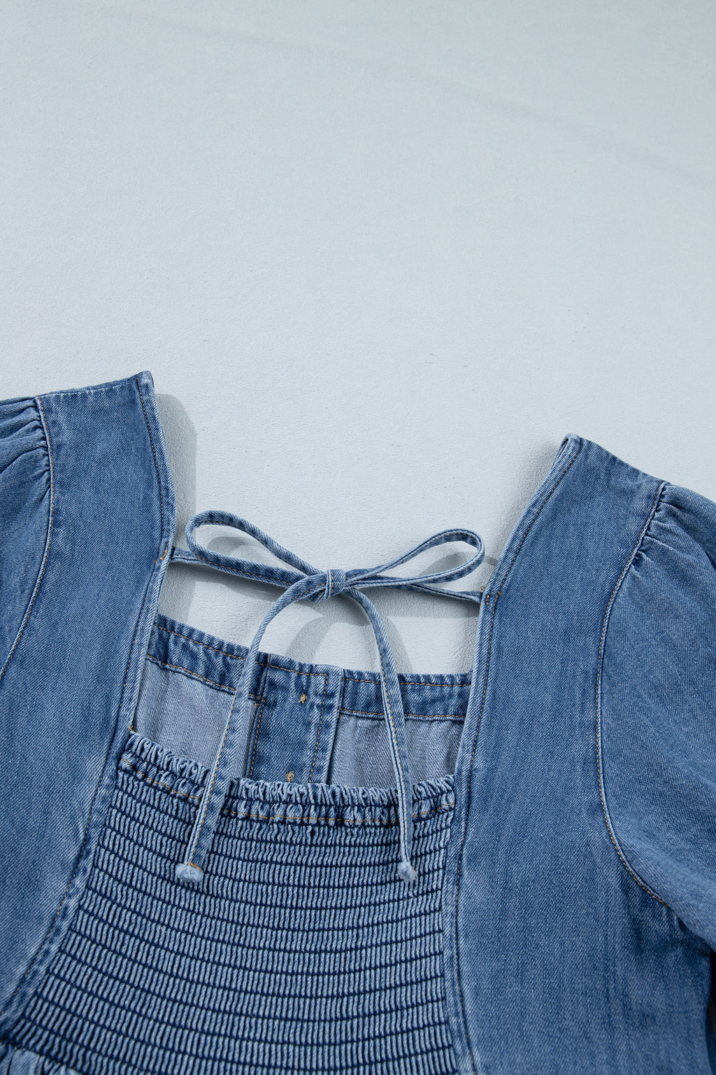 Women's Denim Mini Dress Square Neck Puff Sleeve Button Smocked Back S-XL at LivelyLooks