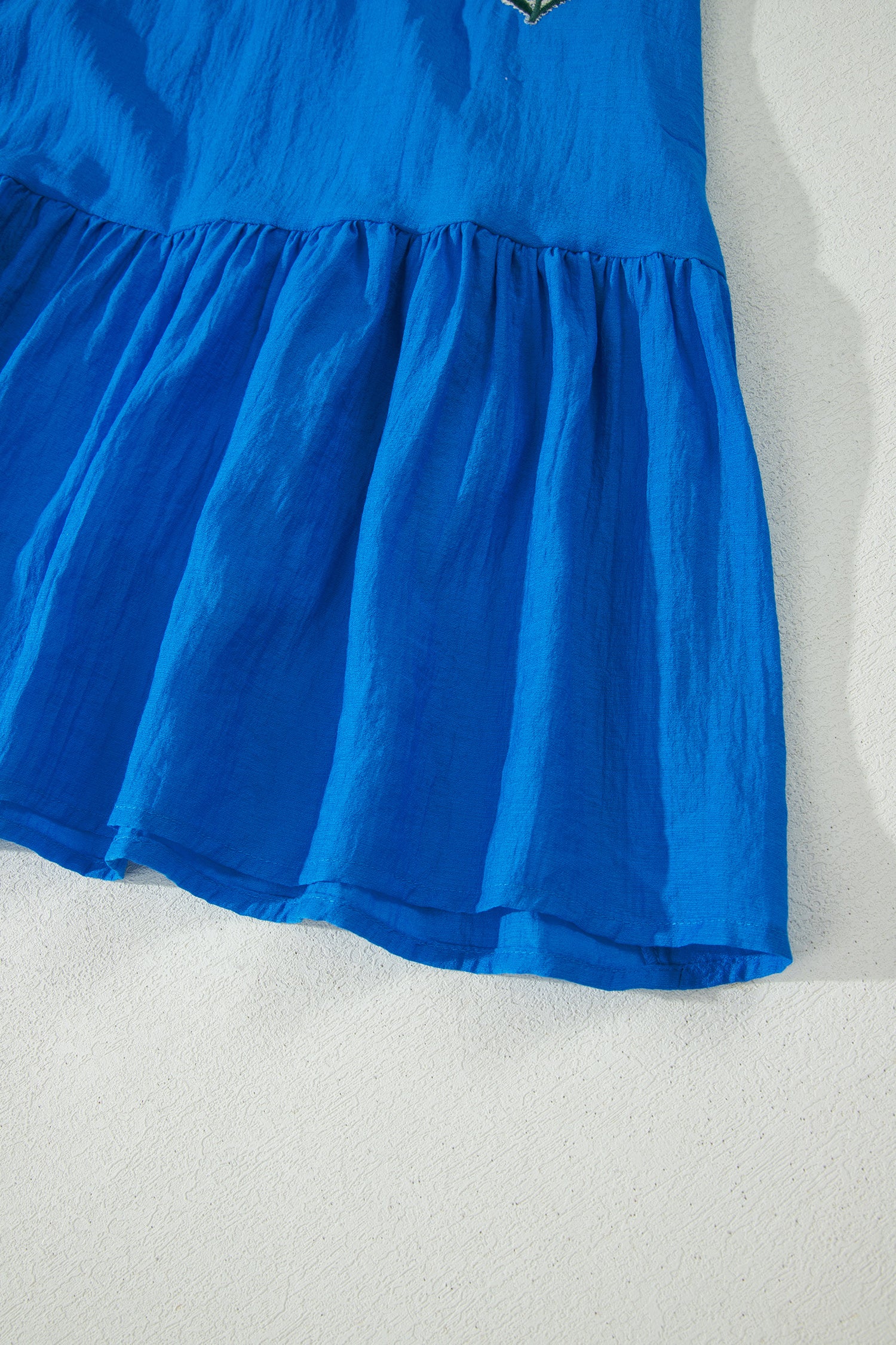 Blue Flower Embroidered Split Neck Puff Sleeve Ruffle Hem Mini Dress S-XL