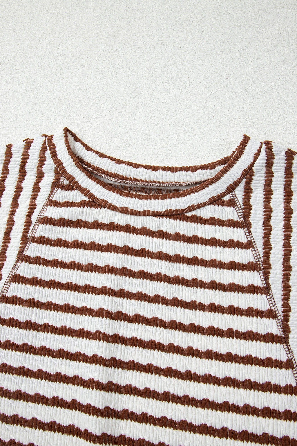 LivelyLooks Brown Stripe Textured Knit Split Hem Half Sleeve Loose Top women's fashion