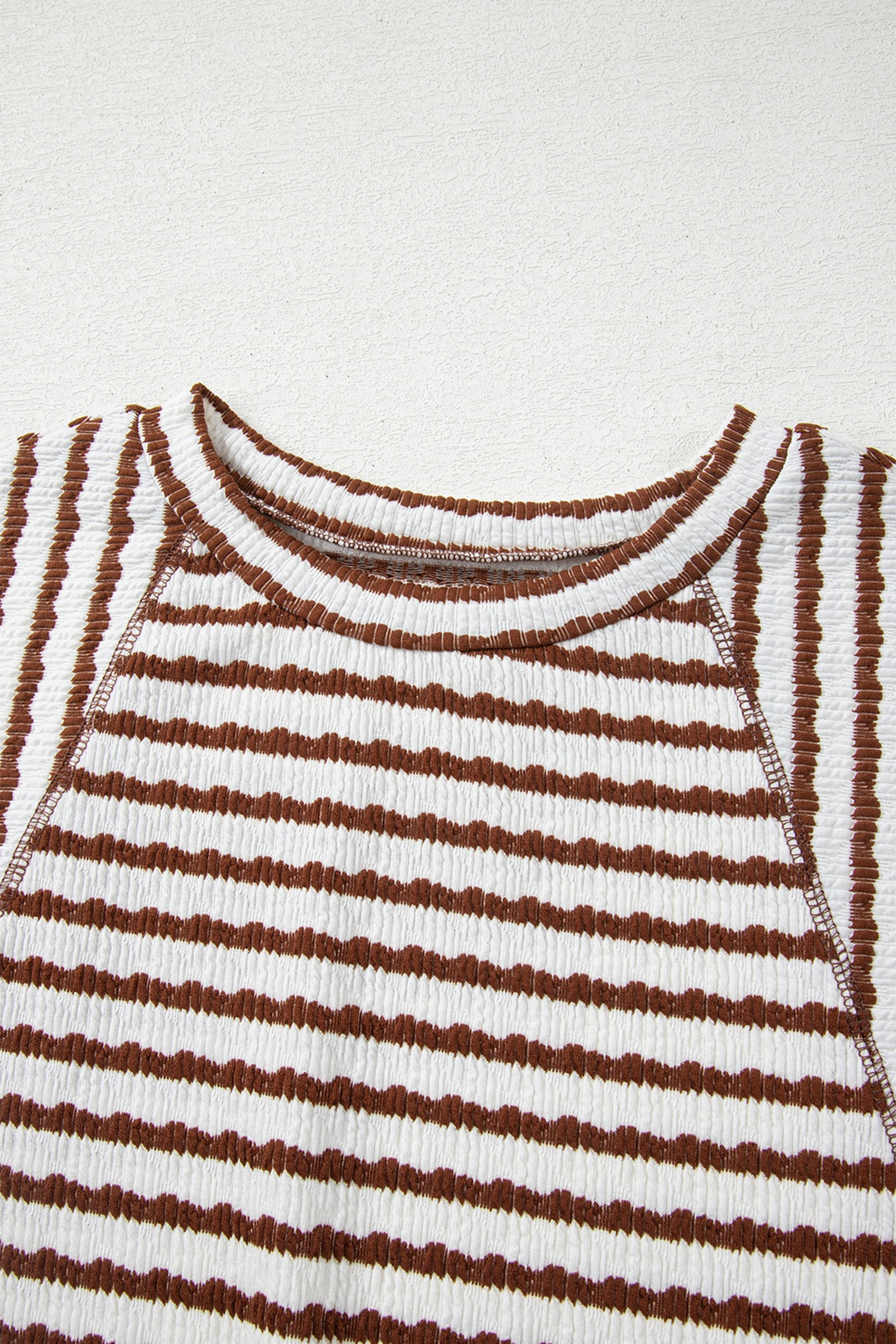 LivelyLooks Brown Stripe Textured Knit Split Hem Half Sleeve Loose Top women's fashion
