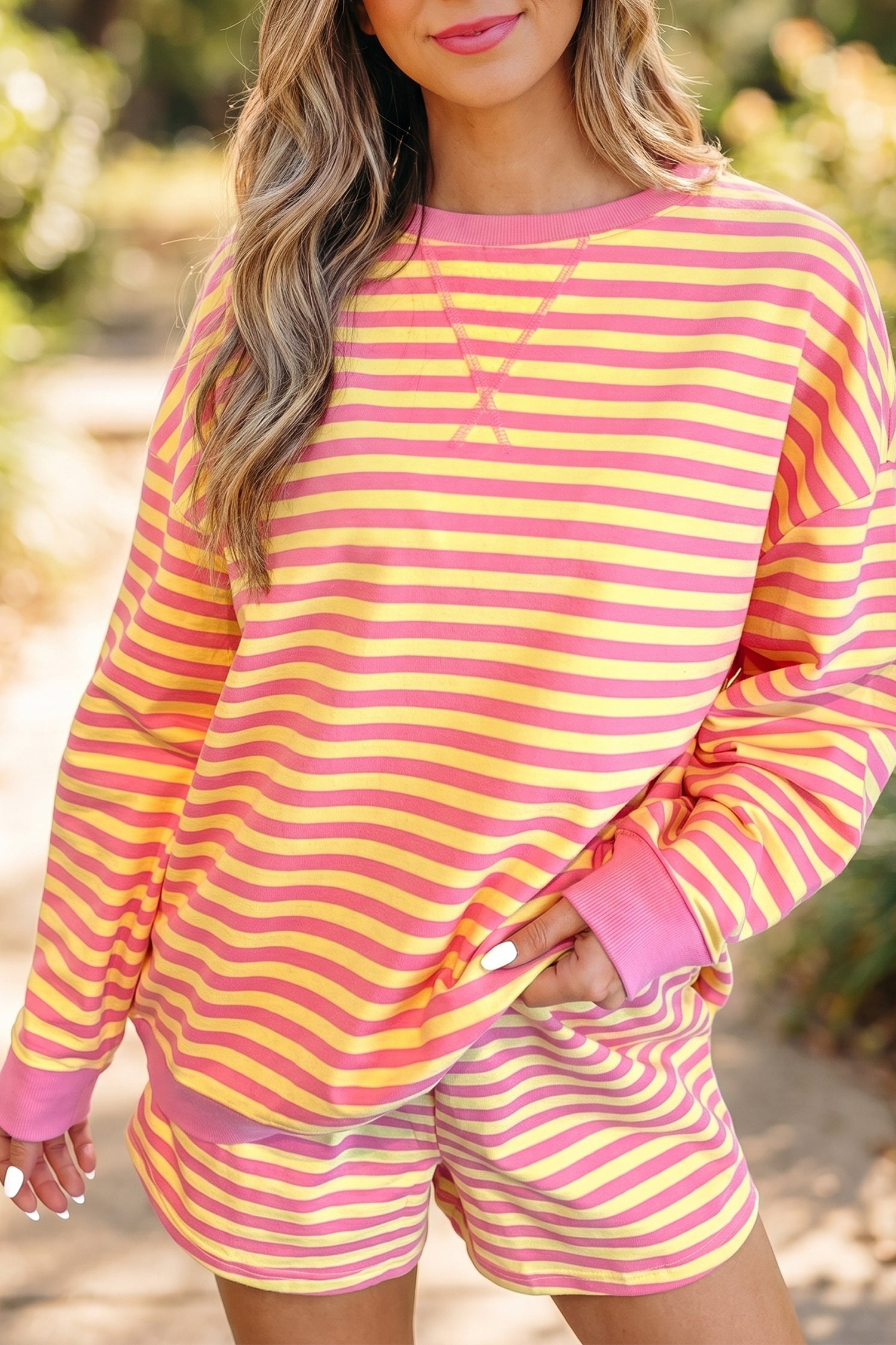 Yellow Stripe Colour Block Long Sleeve Top & Casual Shorts Set | UK 8–22