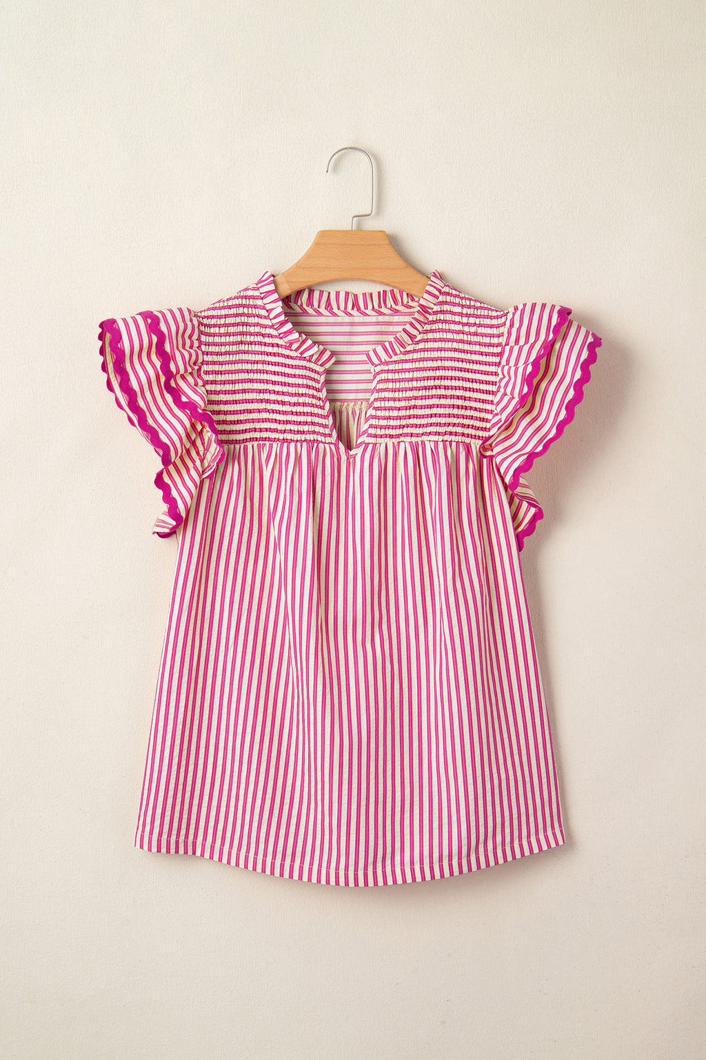 Women's Rose Stripe Shirred Yoke Ruffled Short Sleeve Blouse at LivelyLooks
