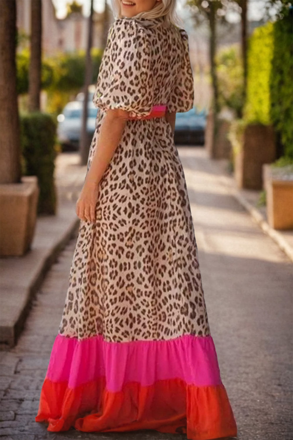 Bright Pink Leopard Colour Block Bubble Sleeve Maxi Dress S-3XL