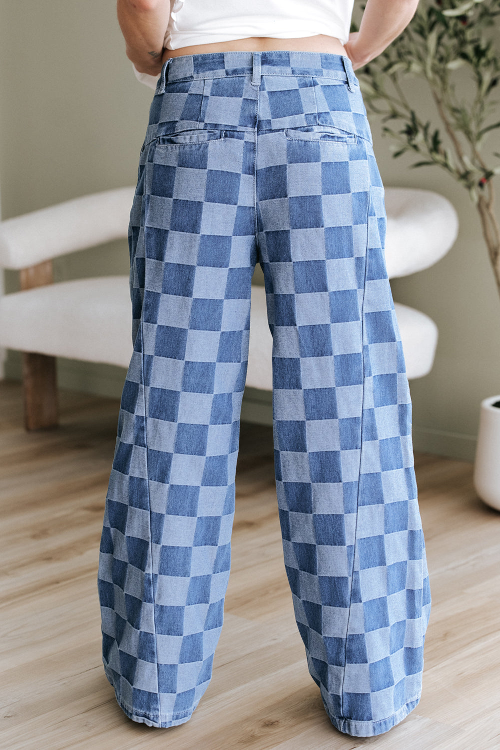 Shop Checkered Denim Wide Leg Jeans UK 8-20 at LivelyLooks